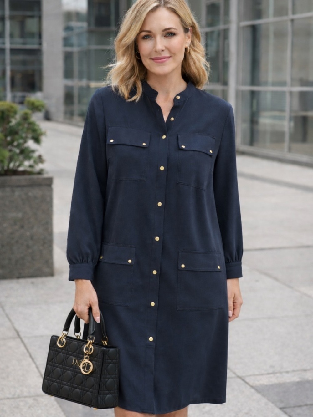 MICHAEL Michael Kors Navy Long-Sleeve Utility Shirt Dress with Gold Hardware